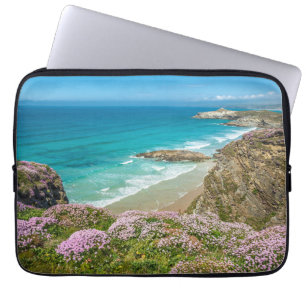 Newquay beach in North Cornwall wild flowers cliff Laptop Sleeve