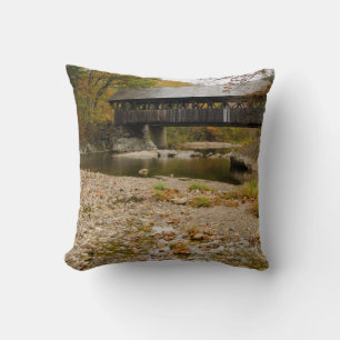 Newry Covered Bridge over river in autumn Throw Pillow