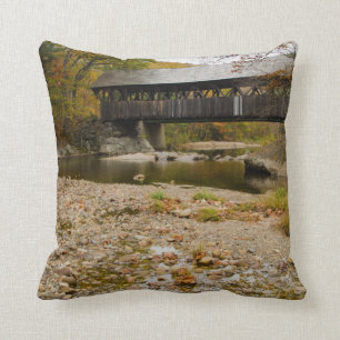 Newry Covered Bridge over river in autumn Throw Pillow