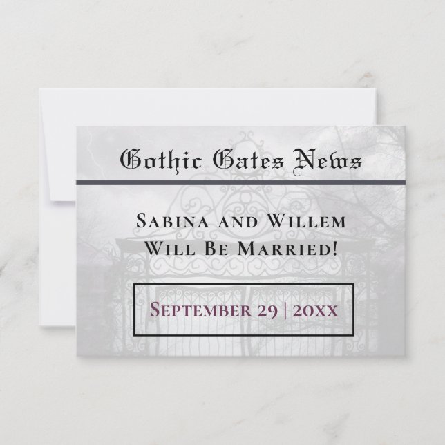 News-Style Save-Our-Date Photo Gothic Themed Card (Front)