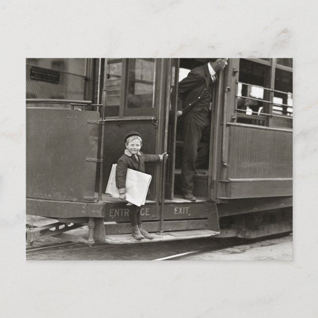 Newsboy Riding Trolley, 1910 Postcard (Front)