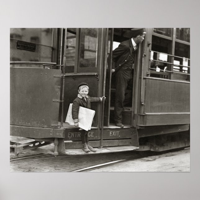 Newsboy Riding Trolley, 1910. Vintage Photo Poster (Front)