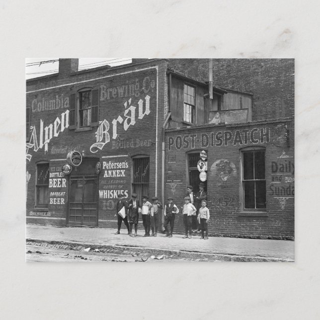 Newsboys Outside a Saloon, 1910 Postcard (Front)