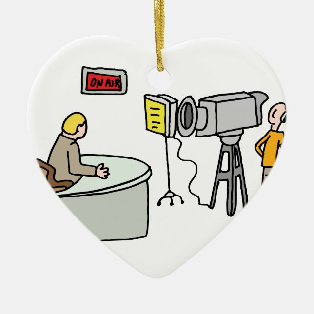 Newscaster reporting live in a studio ceramic ornament (Front)