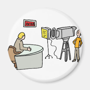 Newscaster reporting live in a studio magnet