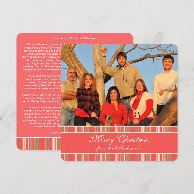 Newsletter on Back Coral Stripe Christmas Card (Front/Back)