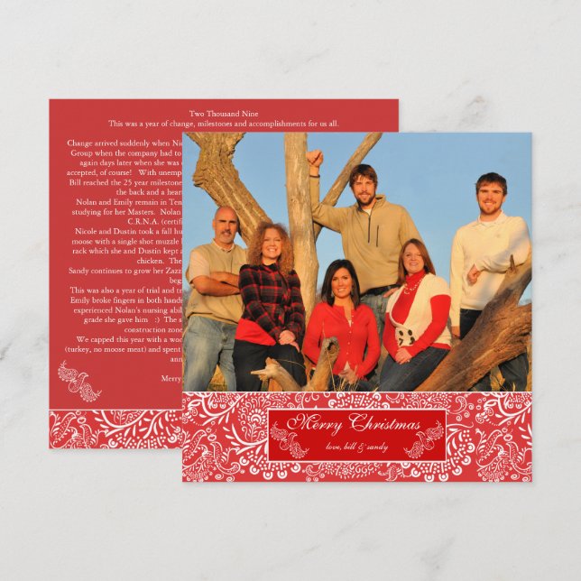 Newsletter on Back Red Stripes Christmas Card (Front/Back)