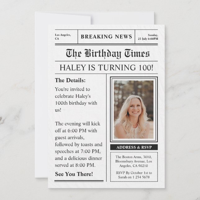 Newspaper 100th Birthday Fun Magazine Cover Photo Invitation (Front)