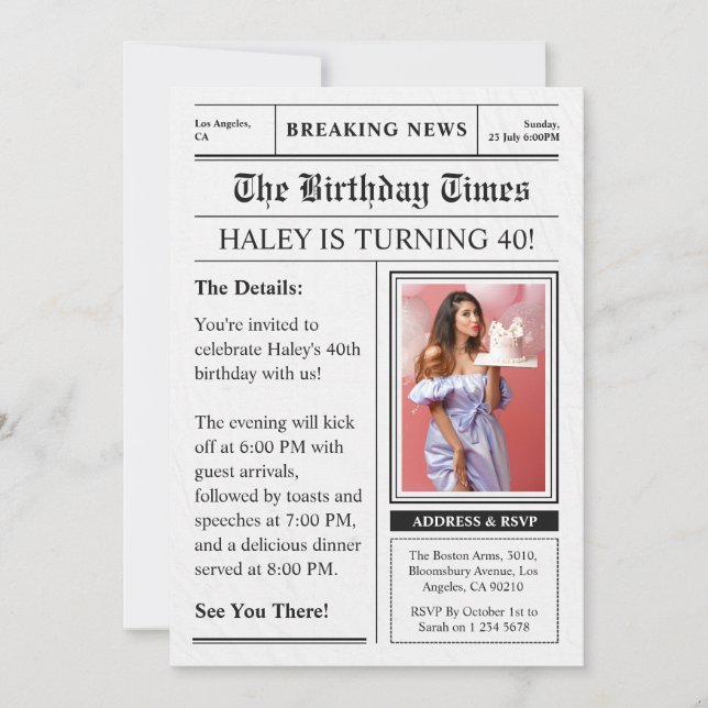 Newspaper 40th Birthday Funny Magazine Cover Photo Invitation (Front)
