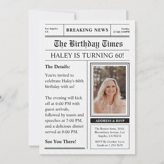 Newspaper 60th Birthday Funny Magazine Cover Photo Invitation (Front)
