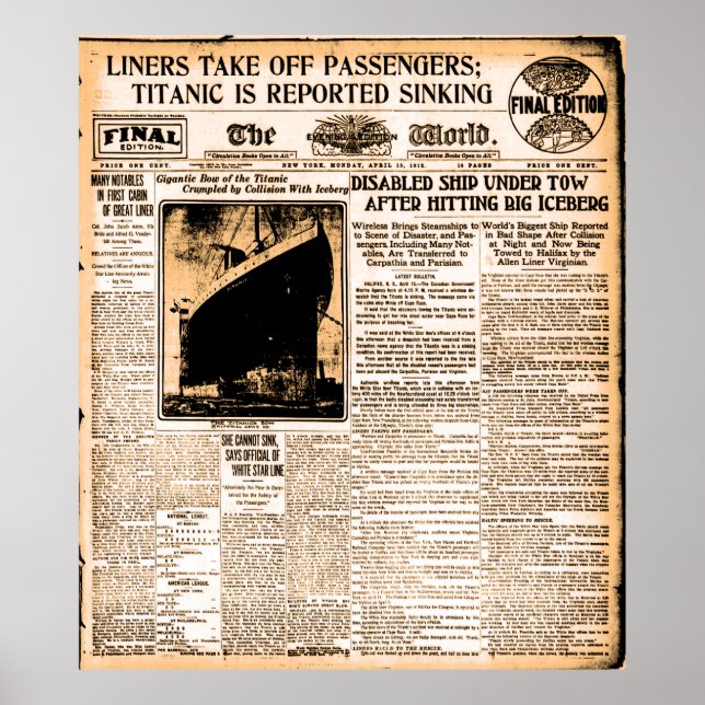 Newspaper April 15 1912 Titanic Reported Sinking Poster (Front)