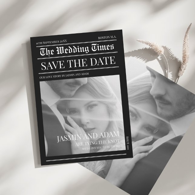 Newspaper Black Dark Mode Unique Photo Wedding Save The Date (Newspaper Black Dark Mode Unique Photo Wedding Save The Date)