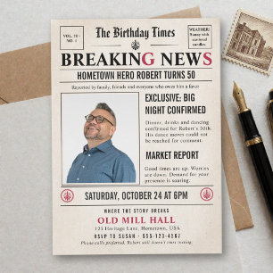 Newspaper Breaking News Funny Humourous Men 50th Invitation