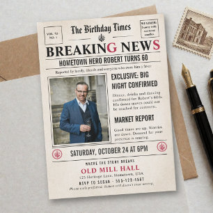 Newspaper Breaking News Funny Humourous Men 60th Invitation