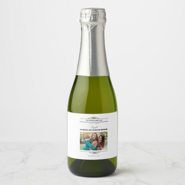 Newspaper Bridesmaid Proposal Retro Script Font Sparkling Wine Label (Front)