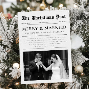 Newspaper Christmas Black and White Newlywed Photo Holiday Card