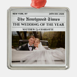 Newspaper Christmas Couple Newlywed Photo First Metal Ornament