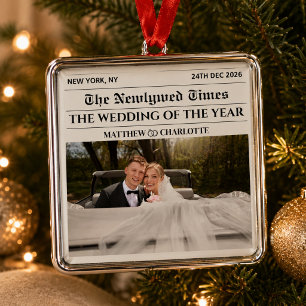 Newspaper Christmas Couple Newlywed Photo First Metal Ornament
