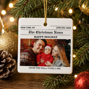 Newspaper Christmas Family Photo Collage  Ceramic Ornament