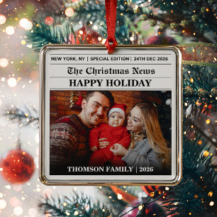 Newspaper Christmas Family Photo  Metal Ornament