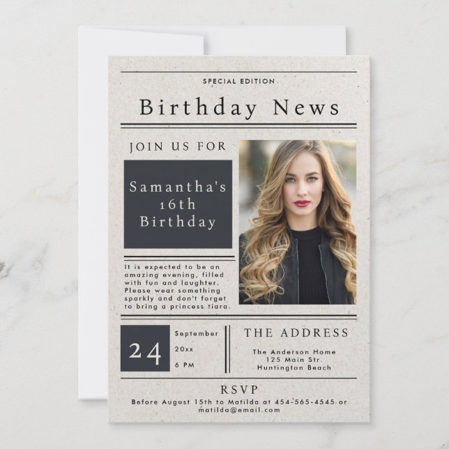 Newspaper Elegant Trendy Chic Sweet 16 Photo Invitation (Front)