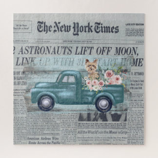 Newspaper Ephemera Yorkie And Teal Truck Jigsaw Puzzle