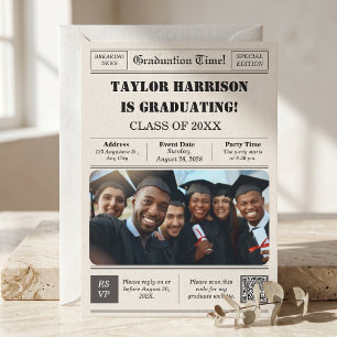 Newspaper Front Page Class of 2026 Bold Black & Wh Invitation