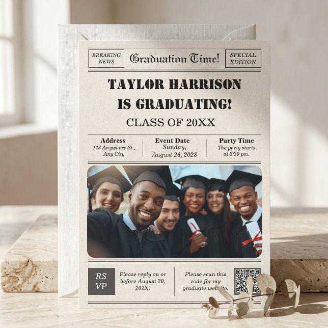 Newspaper Front Page Class of 2026 Bold Black & Wh Invitation (Newspaper Front Page Class of 2026 Bold Black & White Senior Grad Invitation
)