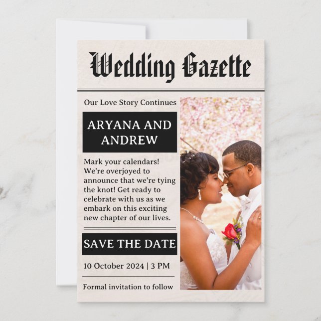 newspaper funny save the dates invitation (Front)