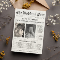 Newspaper Funny Unique Kids Save the Date Wedding 