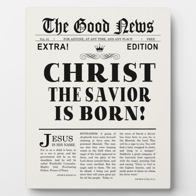 Newspaper Headline Christmas Plaque (Front)