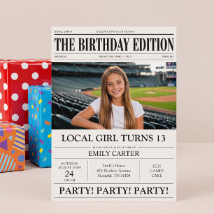 Newspaper Headline Funny Girl's Birthday Party Invitation
