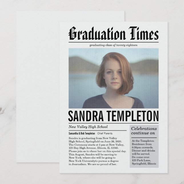 Newspaper in Colour Graduation Announcement (Front/Back)