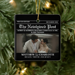 Newspaper Merry and Married Holiday Accents Photo Ceramic Ornament
