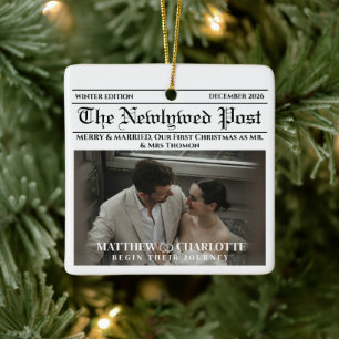 Newspaper Merry and Married Holiday Accents Photo Ceramic Ornament