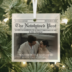 Newspaper Merry and Married Holiday Accents Photo Glass Ornament