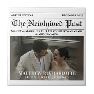 Newspaper Merry and Married Holiday Accents Photo Tile