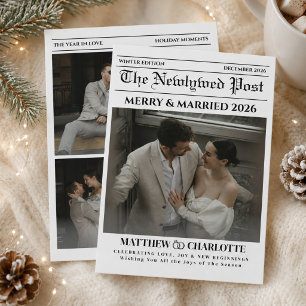 Newspaper Merry and Married Newlywed Photo Holiday Card