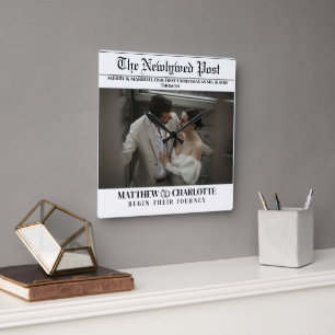 Newspaper Merry and Married Photo Square Wall Clock