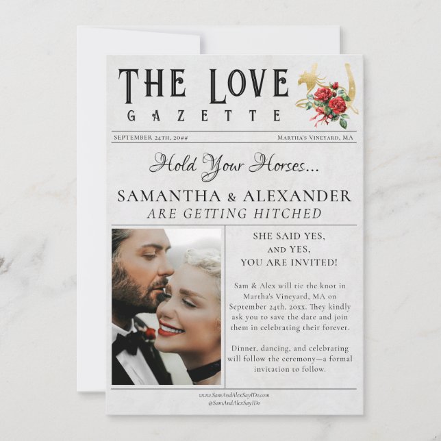 Newspaper Modern Horse Shoe Unique Photo Wedding Save The Date (Front)