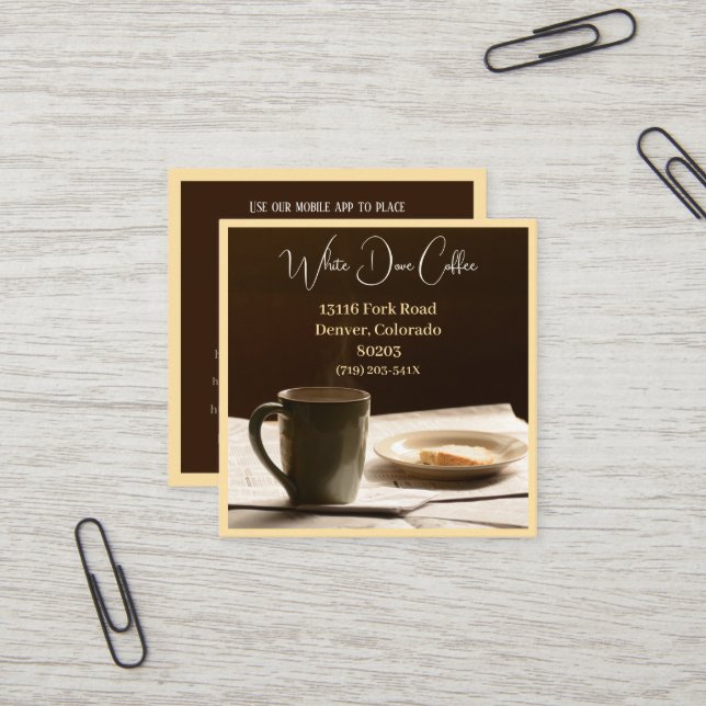 Newspaper,  Mug & Bread Cafe Barista Coffee Square Business Card (Front/Back In Situ)