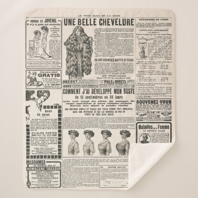 Newspaper page with antique advertisement sherpa blanket (Front)