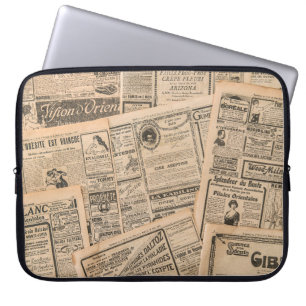 Newspaper pages with antique advertising. Vintage Laptop Sleeve