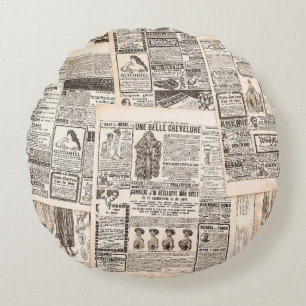 Newspaper pages with antique advertising. Woman's Round Pillow