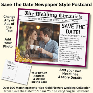 Newspaper Photo Style Save The Date, Maroon & Gold Announcement Postcard
