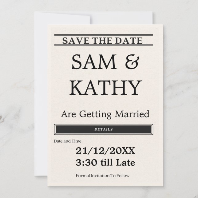 Newspaper Save the Date Card – Vintage & Unique We (Front)