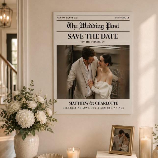 Newspaper Save the Date Wedding Beige Card Poster (Newspaper Save the Date Wedding Beige Card Poster)