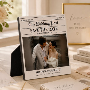 Newspaper Save the Date Wedding Beige Photo Plaque