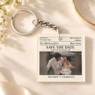 Newspaper Save the Date Wedding Ivory Keychain