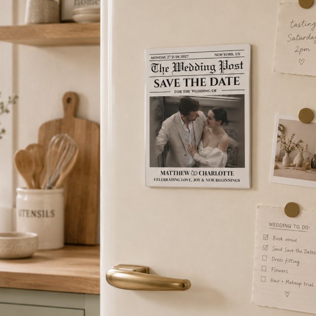 Newspaper Save the Date Wedding  Magnet (Newspaper Wedding Save The Date magnet black and white photo simple elegant modern )
